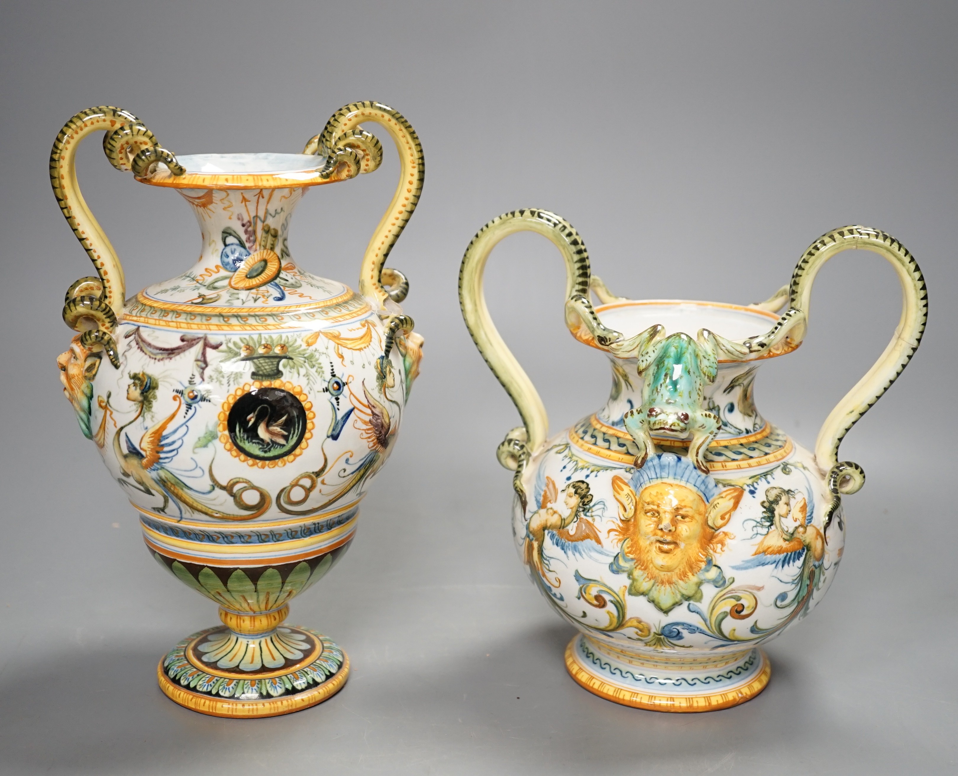 Two early 20th century Cantagalli maiolica two handled vases, tallest 23cm